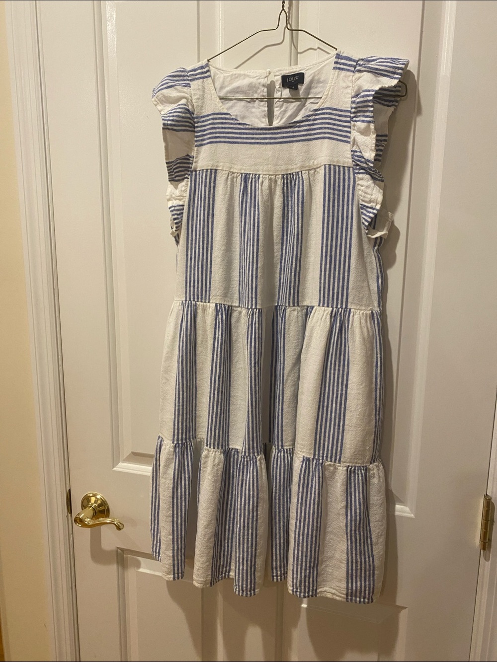 J. Crew White and Blue Striped Ruffle Sleeve Tiered Dress